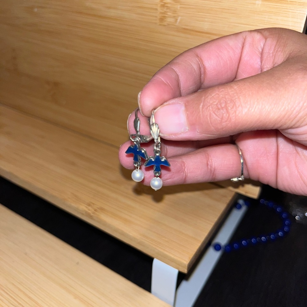 Blue Bird Earrings with Pearls